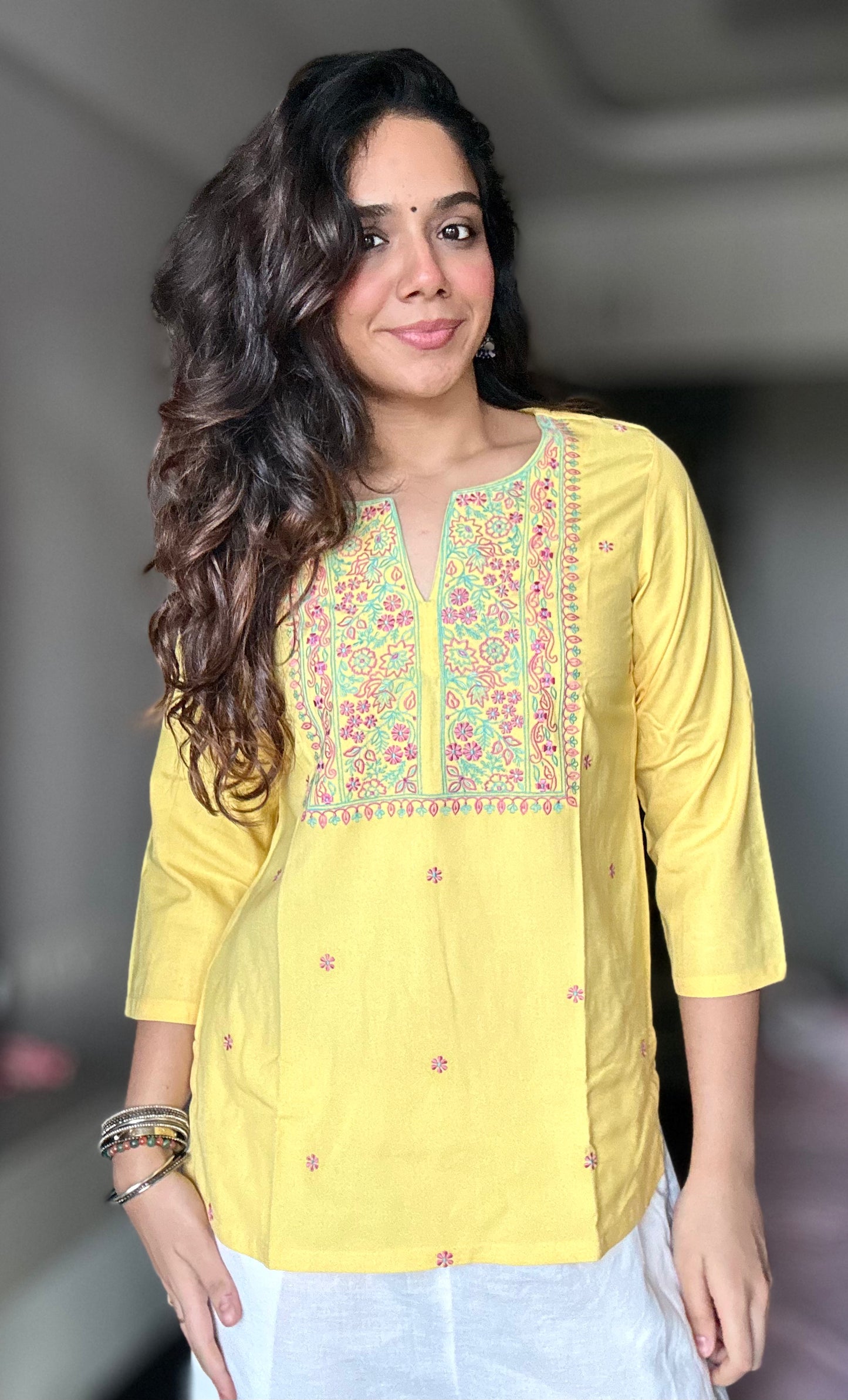 Yellow Embroidered Poplin Kurti