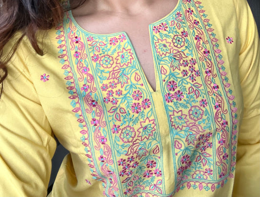 Yellow Embroidered Poplin Kurti