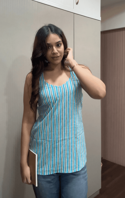 Cotton printed fabric Halter neck Sleeveless style Short Kurti - Needle Magic