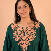 Firdos Deep Green Kashmiri Kaftan Kurta with Peach Embroidered Round Neckline