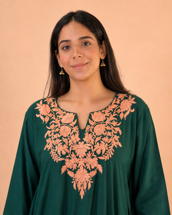 Firdos Deep Green Kashmiri Kaftan Kurta with Peach Embroidered Round Neckline