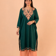 Firdos Deep Green Kashmiri Kaftan Kurta with Peach Embroidered Round Neckline