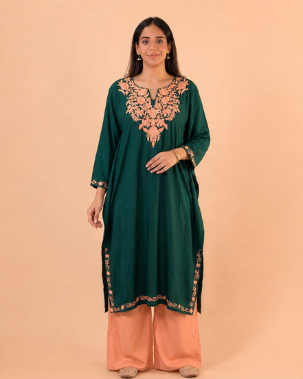 Firdos Deep Green Kashmiri Kaftan Kurta with Peach Embroidered Round Neckline