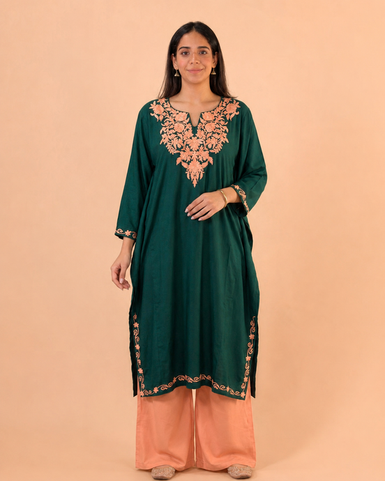 Firdos Deep Green Kashmiri Kaftan Kurta with Peach Embroidered Round Neckline