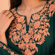 Firdos Deep Green Kashmiri Kaftan Kurta with Peach Embroidered Round Neckline