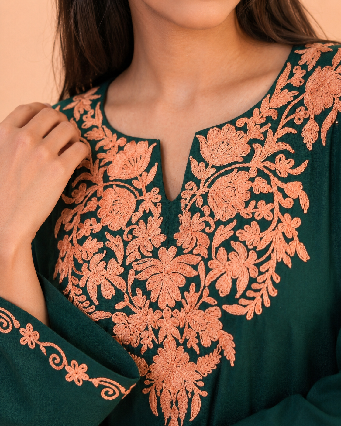 Firdos Deep Green Kashmiri Kaftan Kurta with Peach Embroidered Round Neckline