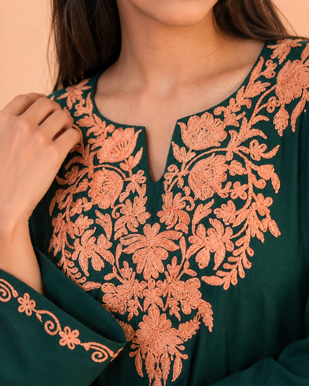 Firdos Deep Green Kashmiri Kaftan Kurta with Peach Embroidered Round Neckline