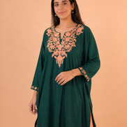 Firdos Deep Green Kashmiri Kaftan Kurta with Peach Embroidered Round Neckline
