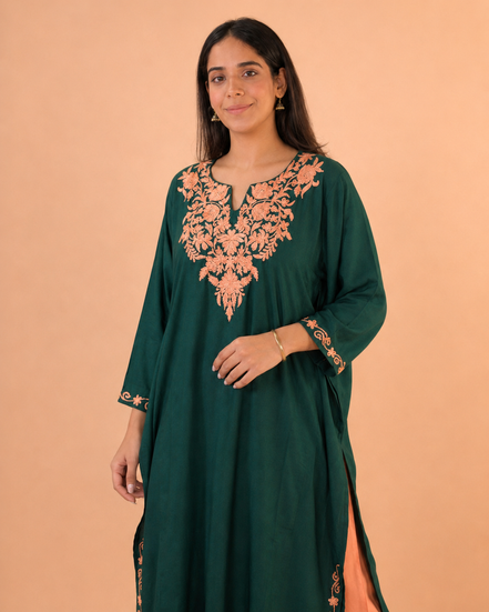 Firdos Deep Green Kashmiri Kaftan Kurta with Peach Embroidered Round Neckline