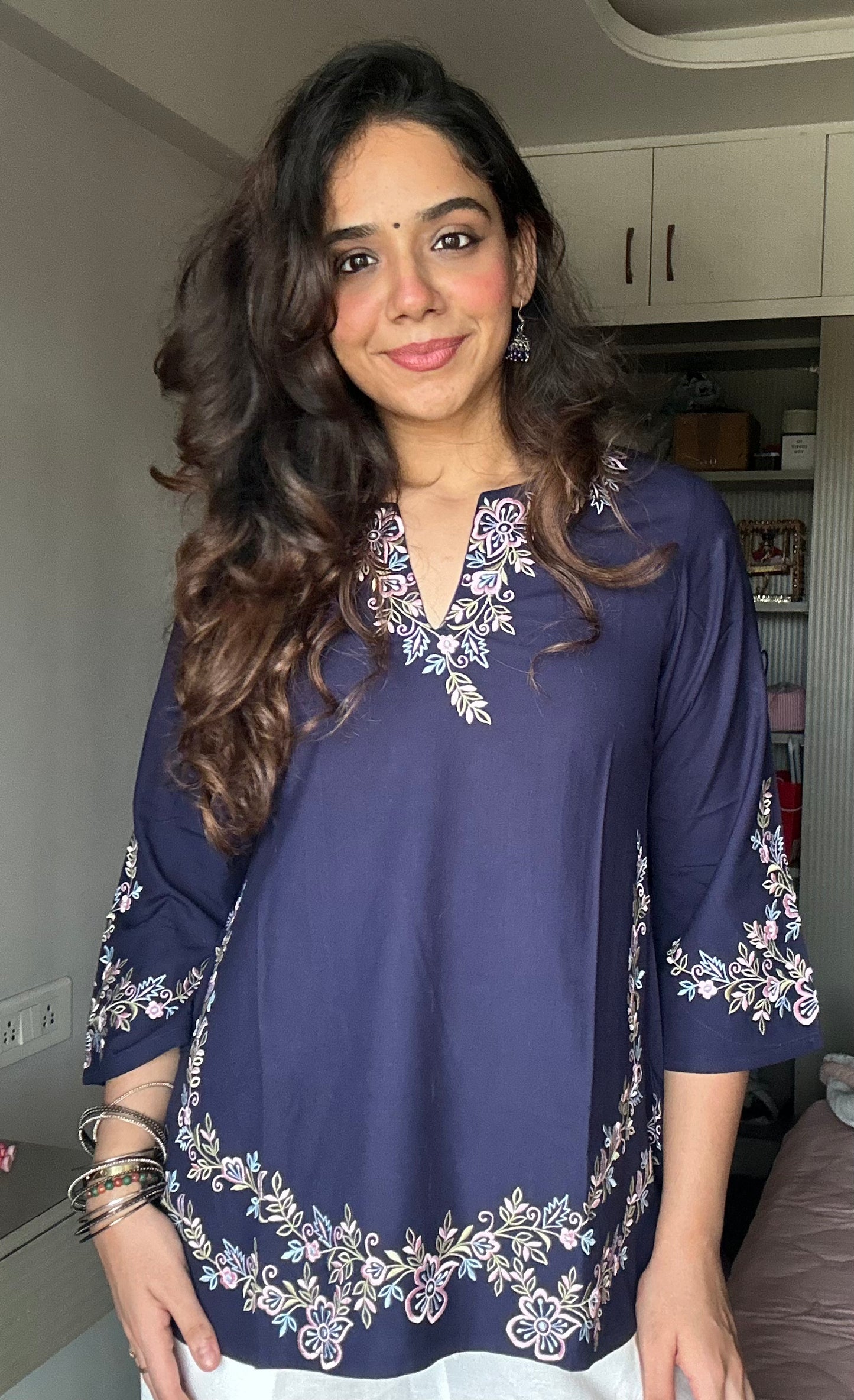 Indigo Blue Embroidered Poplin Kurti