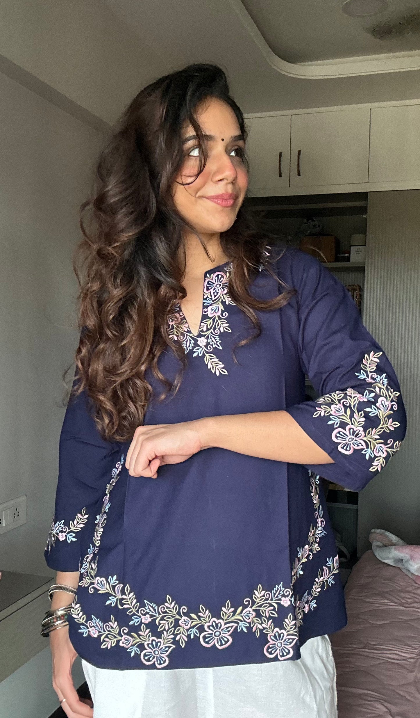 Indigo Blue Embroidered Poplin Kurti