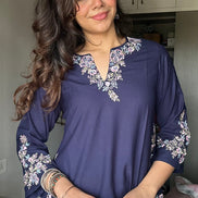 Indigo Blue Embroidered Poplin Kurti