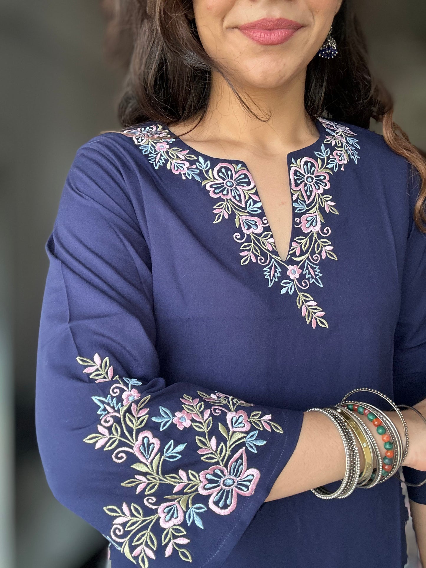 Indigo Blue Embroidered Poplin Kurti