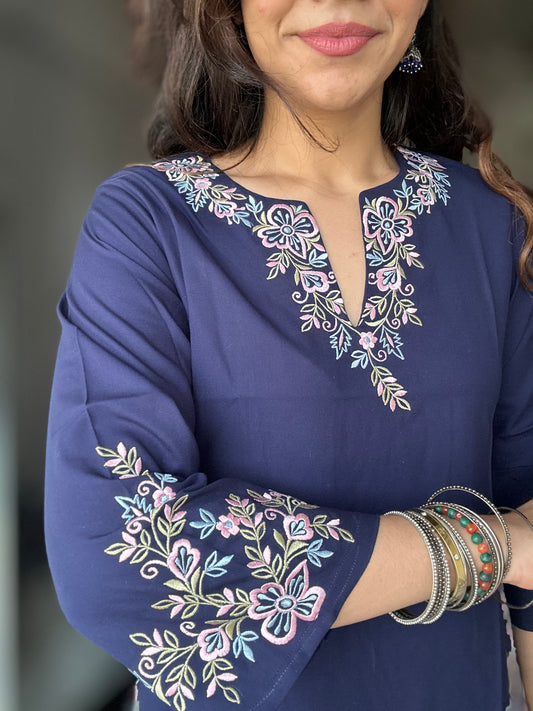 Indigo Blue Embroidered Poplin Kurti