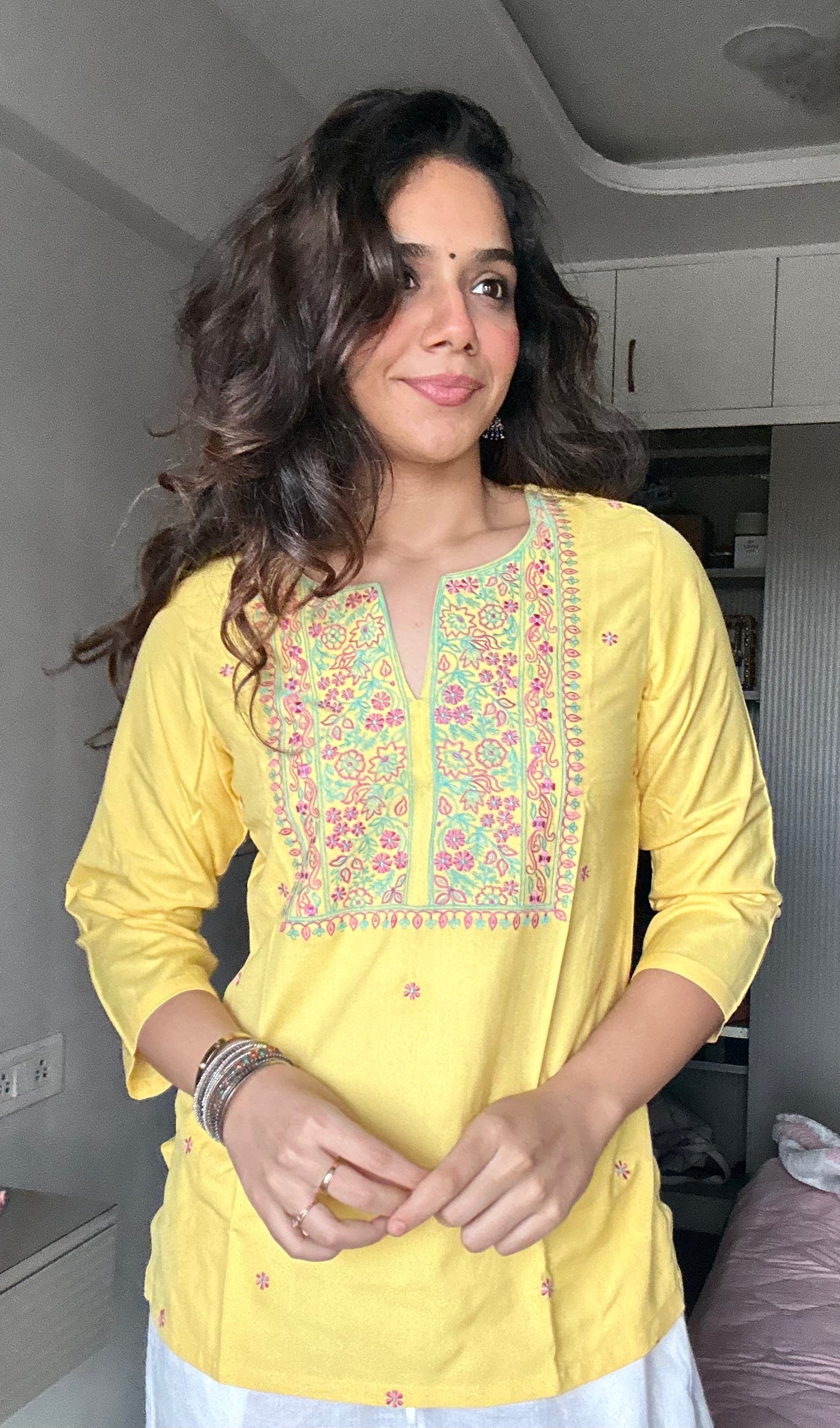 Yellow Embroidered Poplin Kurti