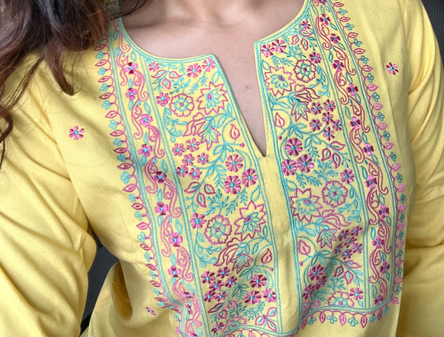 Yellow Embroidered Poplin Kurti