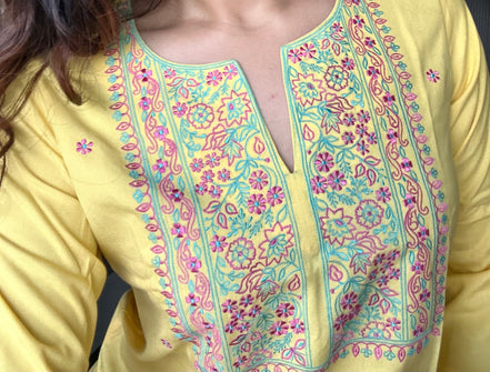 Yellow Embroidered Poplin Kurti