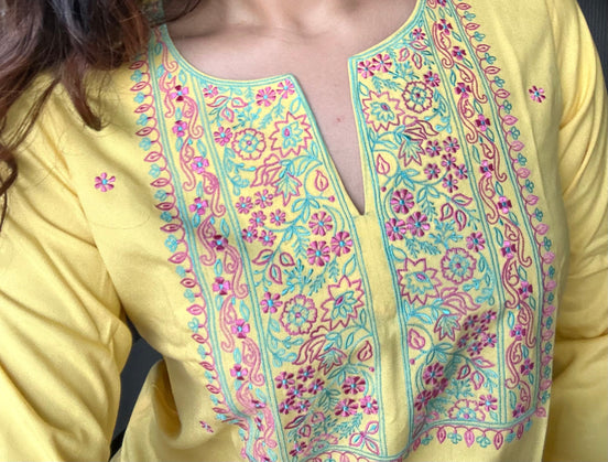 Yellow Embroidered Poplin Kurti