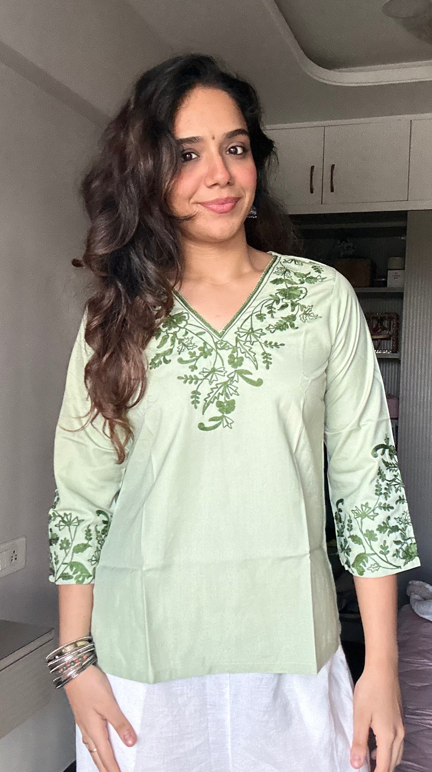 Pastel Mint Green Embroidered Poplin Kurti
