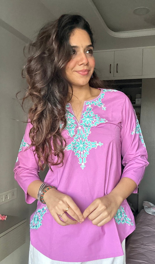 Powder Pink Embroidered Poplin Kurti