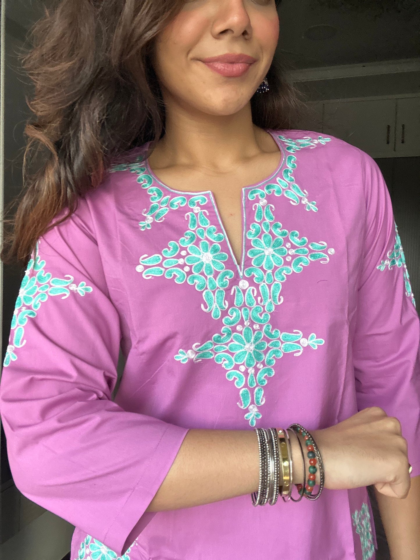 Powder Pink Embroidered Poplin Kurti