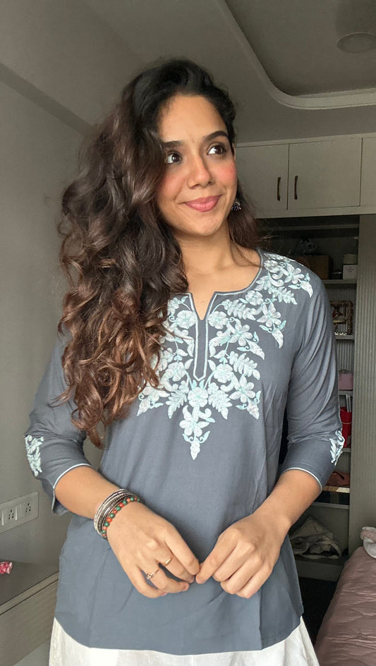 Gray Embroidered Poplin Kurti