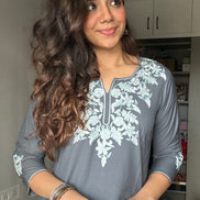 Gray Embroidered Poplin Kurti