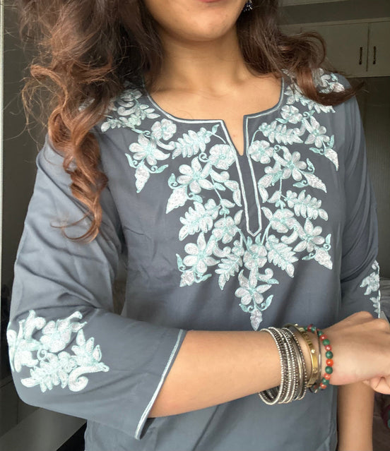 Gray Embroidered Poplin Kurti