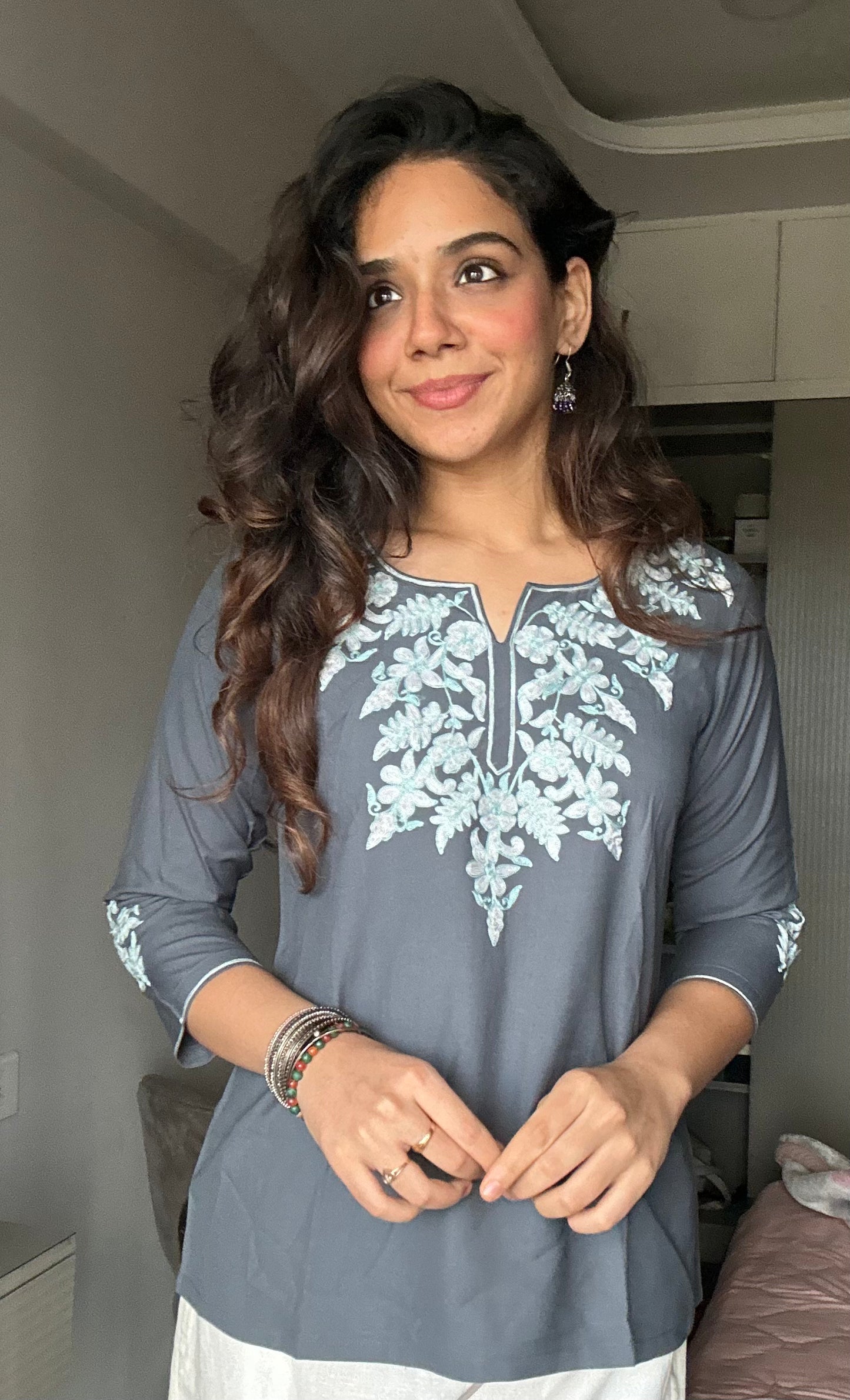 Gray Embroidered Poplin Kurti