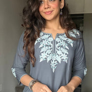 Gray Embroidered Poplin Kurti