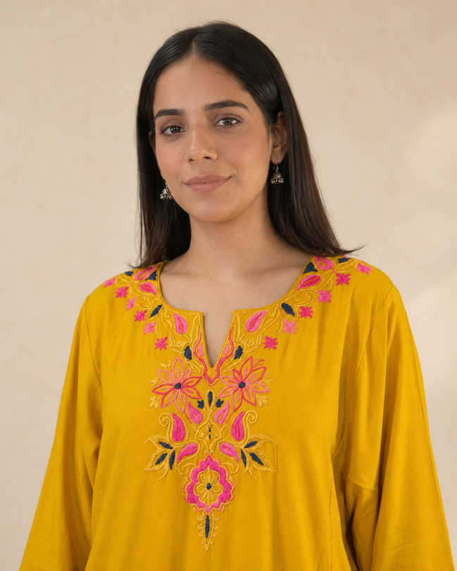 Noor Bright Yellow Kashmiri kaftan kurta