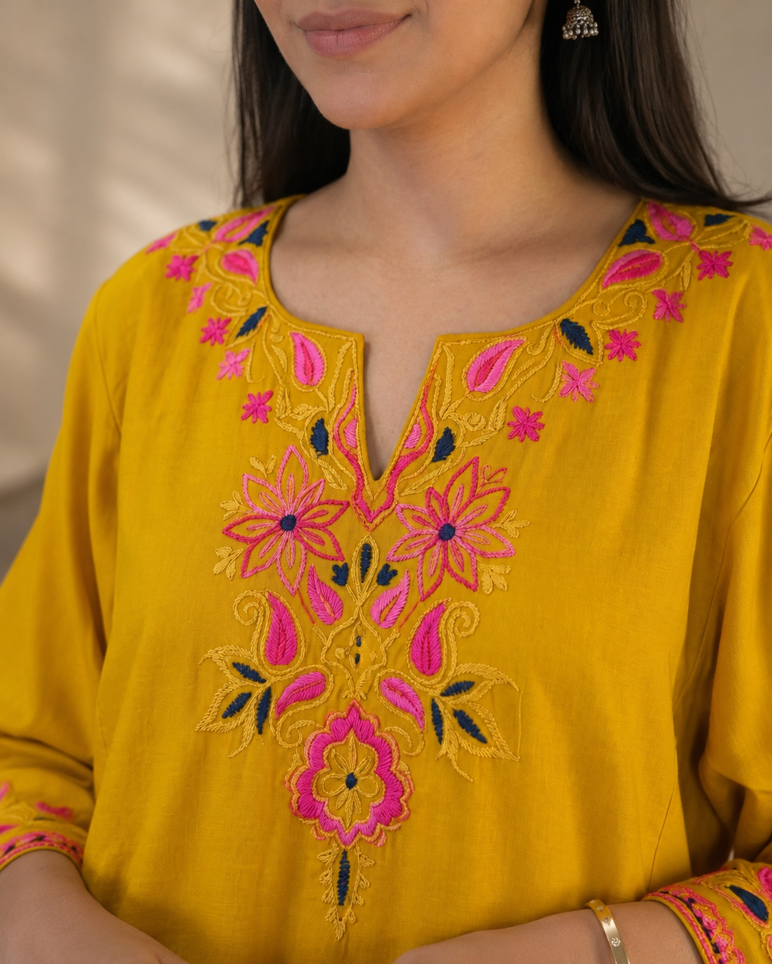Noor Bright Yellow Kashmiri kaftan kurta