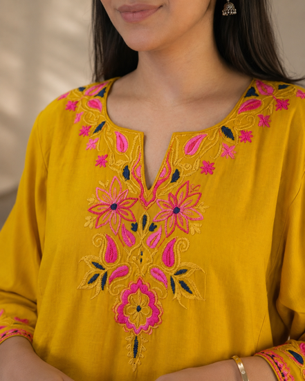 Noor Bright Yellow Kashmiri kaftan kurta