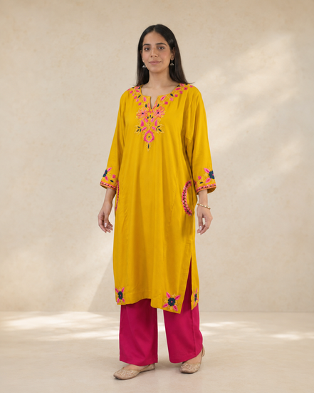 Noor Bright Yellow Kashmiri kaftan kurta