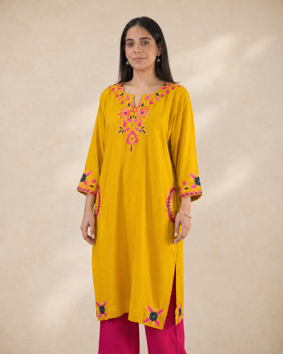 Noor Bright Yellow Kashmiri kaftan kurta