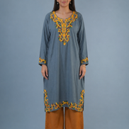 Ruhi Grey Kashmiri Kaftan Kurta with Golden & Green Embroidered Round Neckline