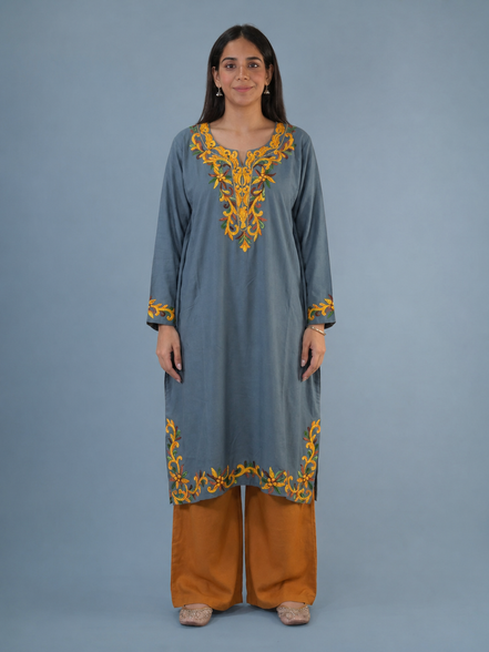 Ruhi Grey Kashmiri Kaftan Kurta with Golden & Green Embroidered Round Neckline