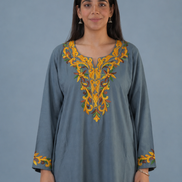 Ruhi Grey Kashmiri Kaftan Kurta with Golden & Green Embroidered Round Neckline