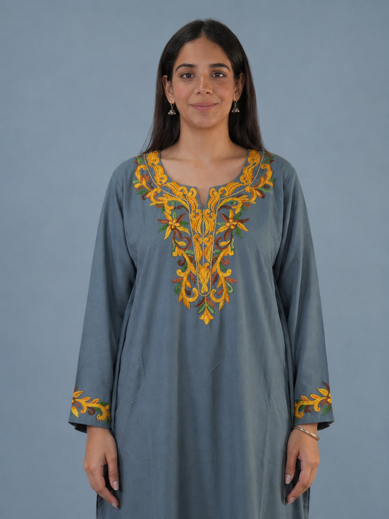 Ruhi Grey Kashmiri Kaftan Kurta with Golden & Green Embroidered Round Neckline