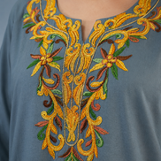 Ruhi Grey Kashmiri Kaftan Kurta with Golden & Green Embroidered Round Neckline