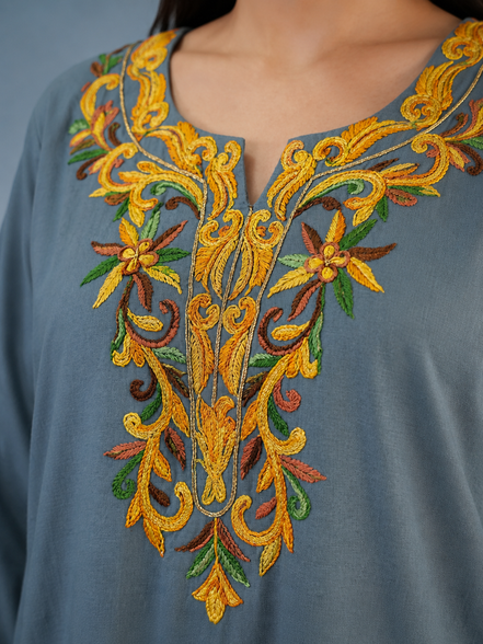 Ruhi Grey Kashmiri Kaftan Kurta with Golden & Green Embroidered Round Neckline