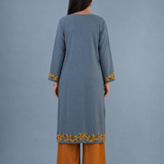 Ruhi Grey Kashmiri Kaftan Kurta with Golden & Green Embroidered Round Neckline