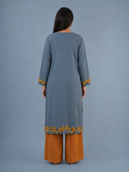 Ruhi Grey Kashmiri Kaftan Kurta with Golden & Green Embroidered Round Neckline
