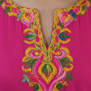Gul pink Kashmiri embroidery neckline close-up by KOSHUR KOOR