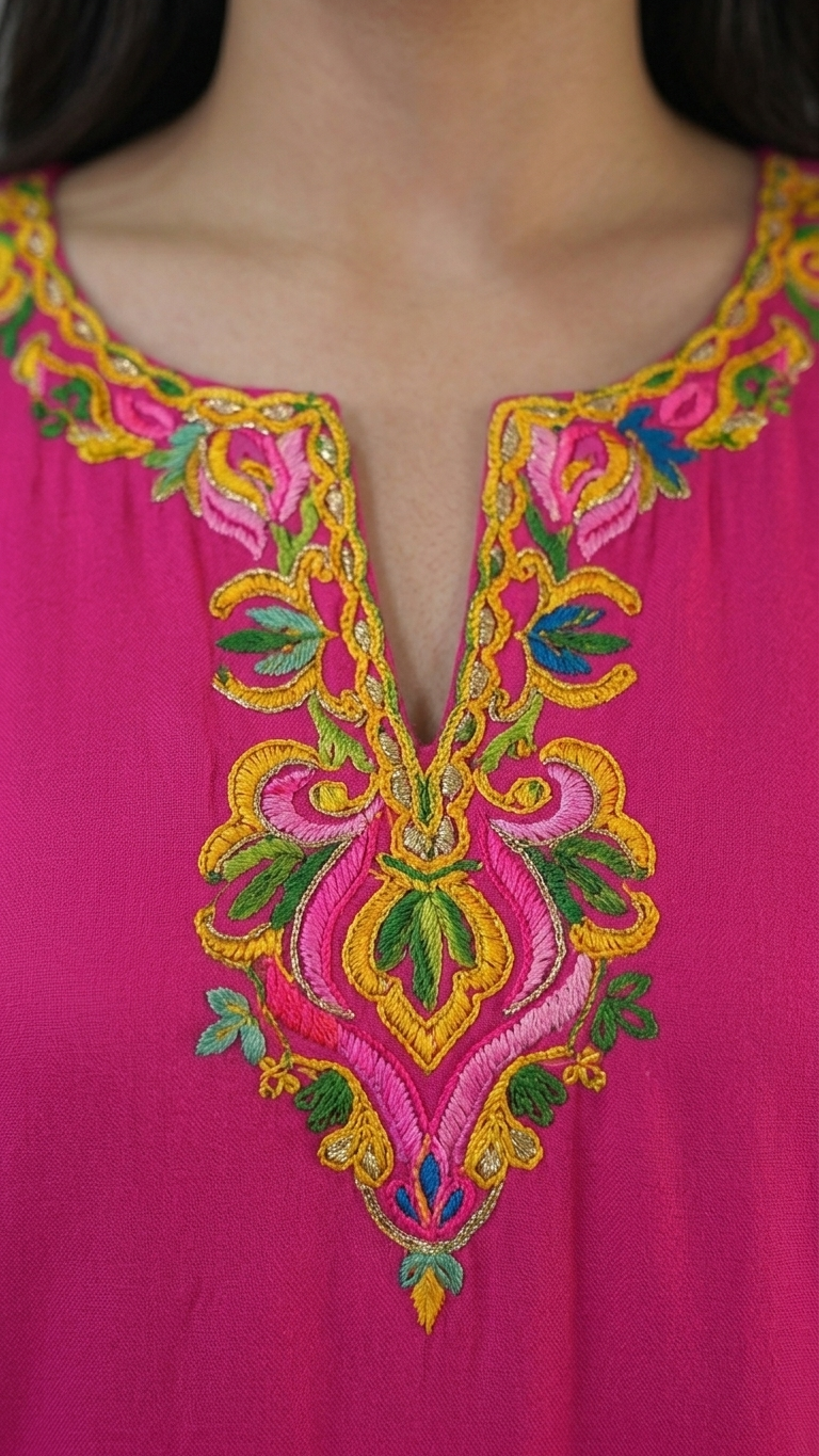 Gul pink Kashmiri embroidery neckline close-up by KOSHUR KOOR
