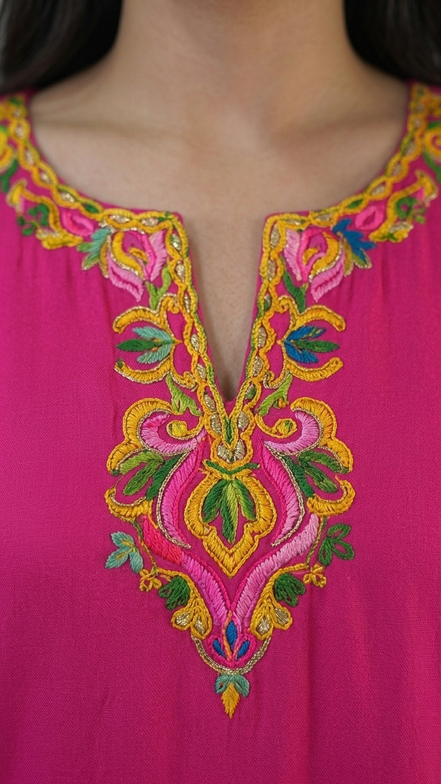 Gul pink Kashmiri embroidery neckline close-up by KOSHUR KOOR