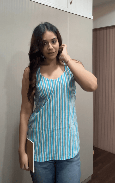 Cotton printed fabric Halter neck Sleeveless style Short Kurti - Needle Magic