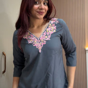 English Grey Embroidered Cotton Poplin Kurti - Toshur