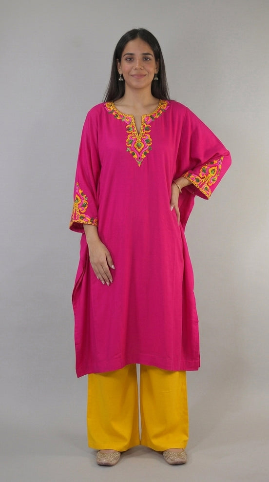 Gul pink Kashmiri kaftan kurta front view by KOSHUR KOOR