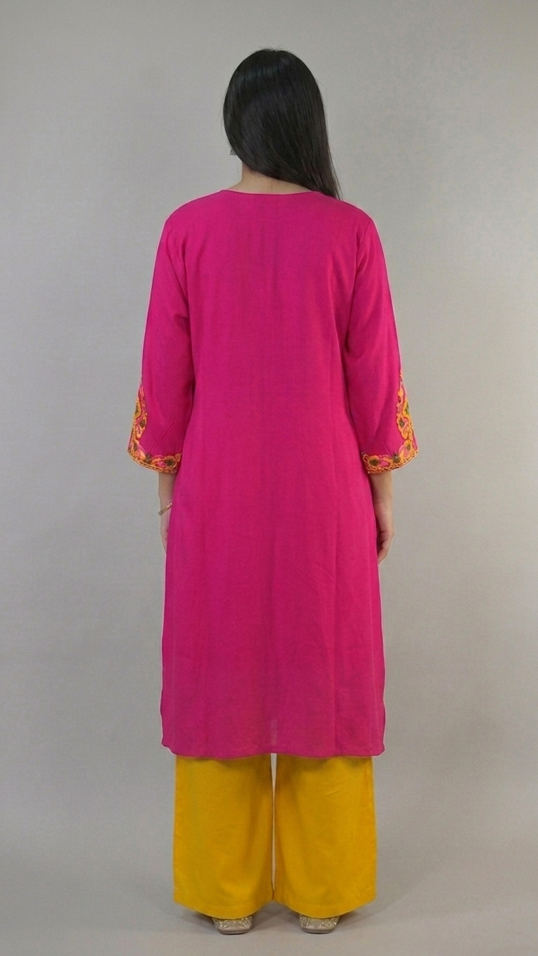 Gul pink Kashmiri kaftan kurta back view by KOSHUR KOOR